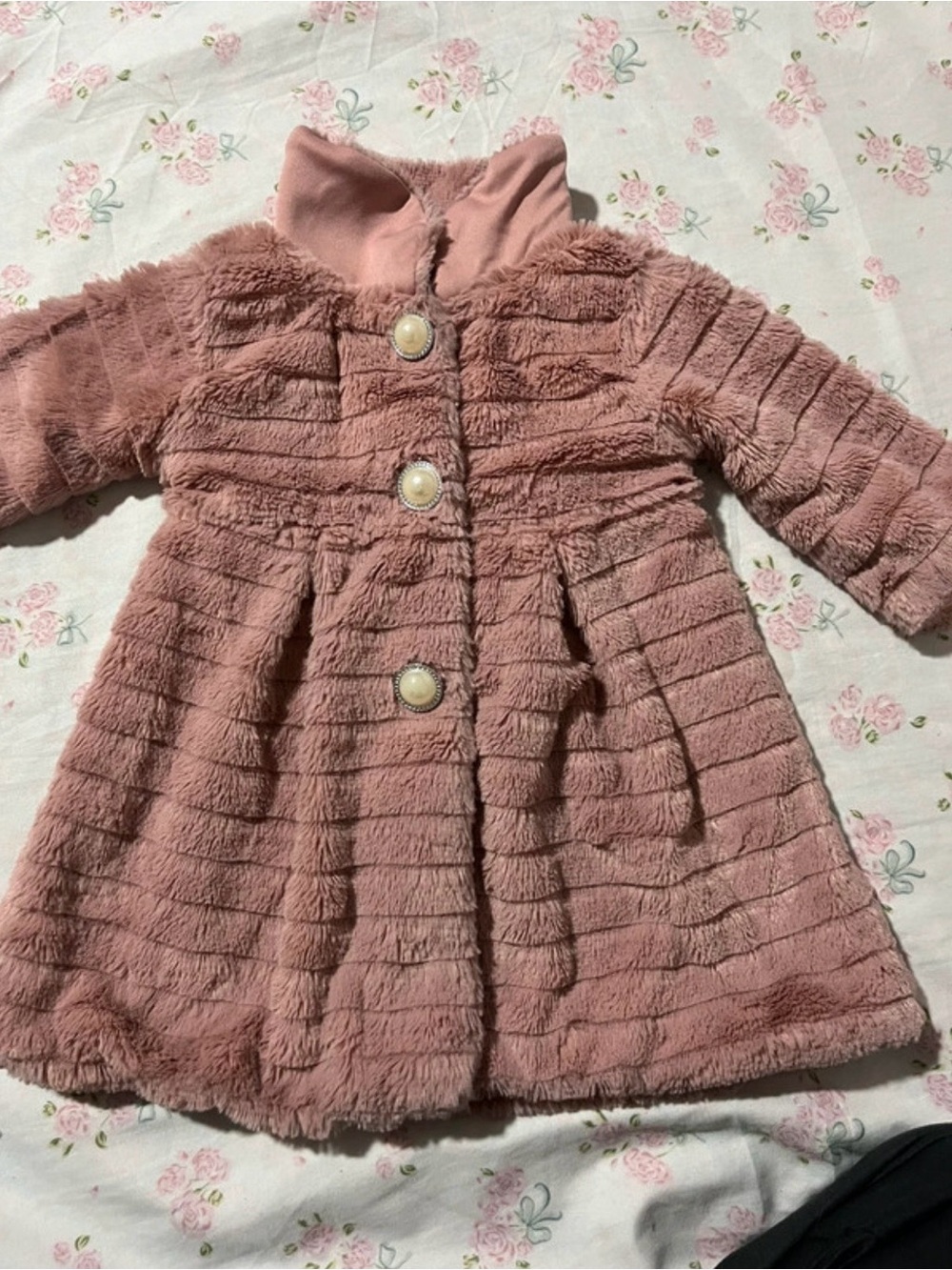 Little Lass Dusty Pink Plush Faux-Fur Pea Coat with Pearl Buttons